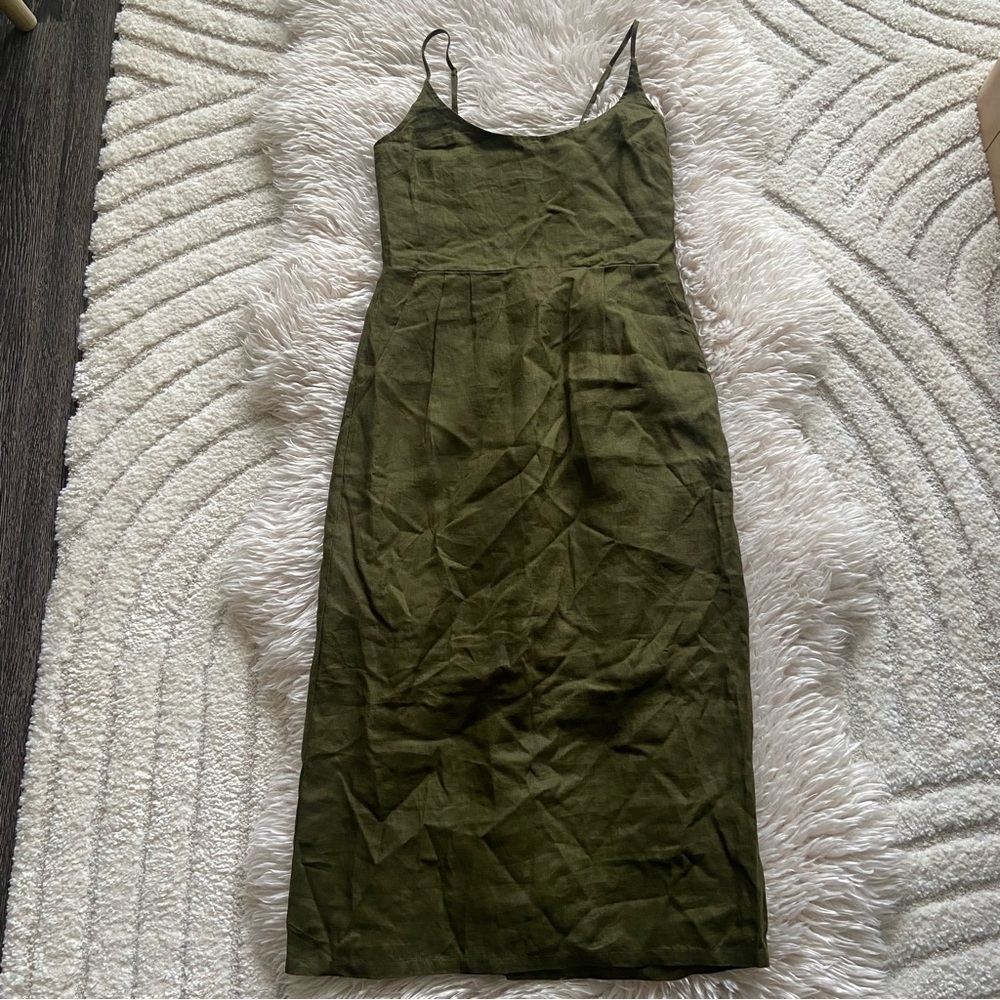 Quince 100% European Linen Scoop Neck Midi Dress Small in Martini Olive
